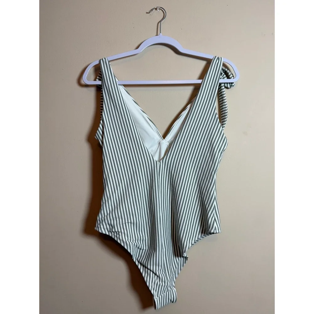 H&M Green White Striped Ribbed One Piece Swimsuit High Leg Tie Shoulder M NEW
